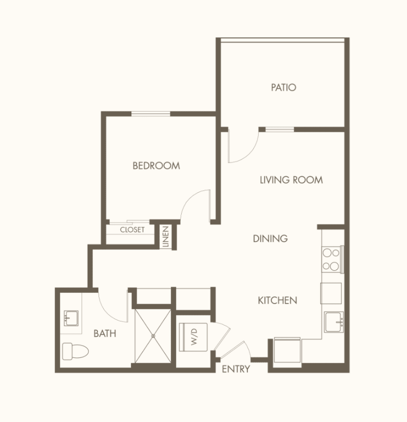 A detailed floor plan of a one-bedroom apartment, featuring labeled rooms including a balcony, living room, kitchen, bedroom, bathroom, and closet.