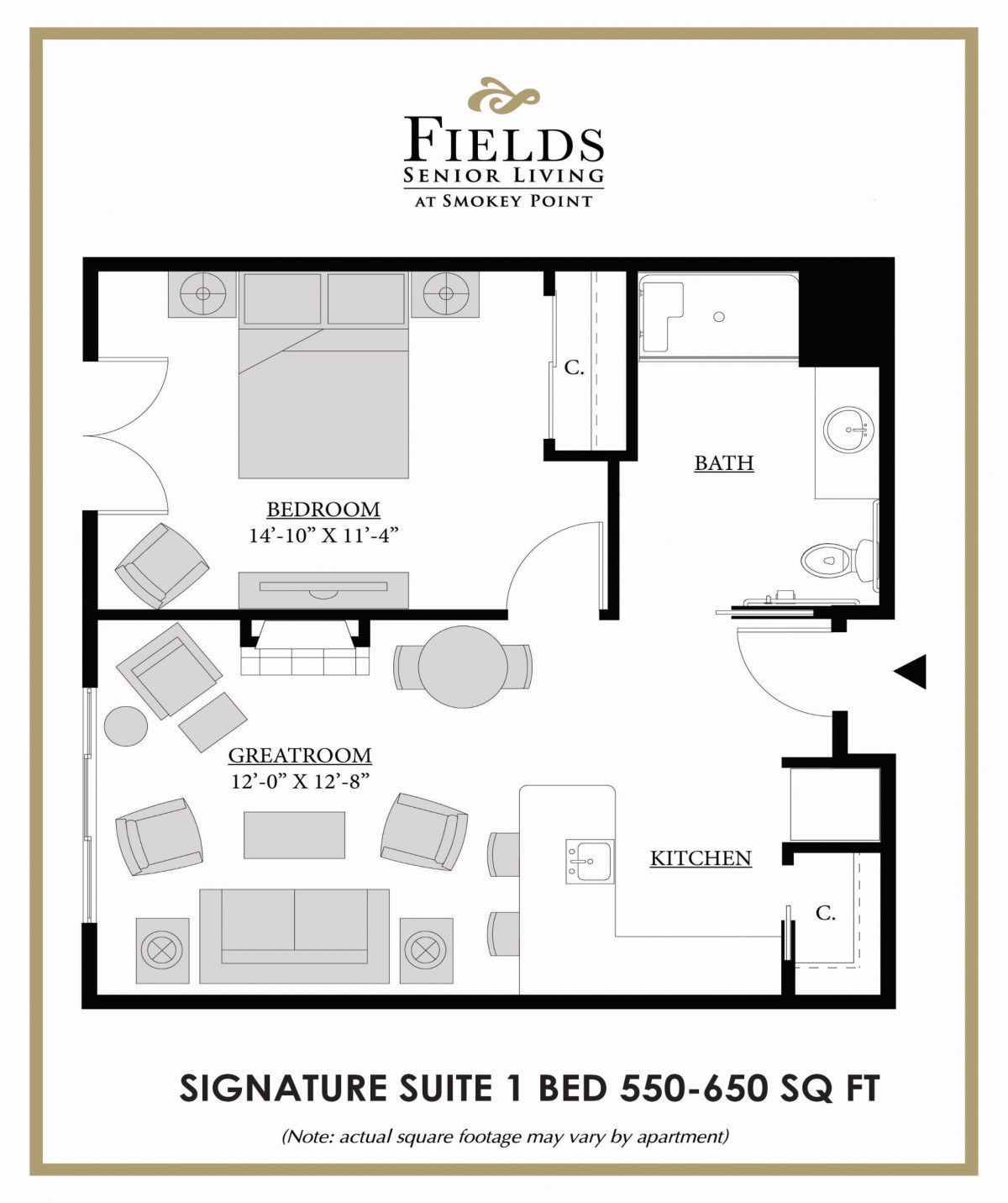 Floor plan of a signature suite one-bedroom apartment ranging from 550-650 square feet.