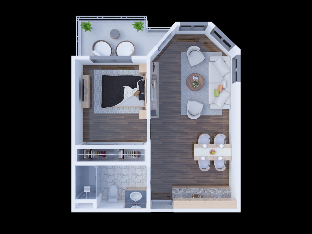A modern one-bedroom apartment layout featuring a living room, kitchen, bathroom, and balcony.