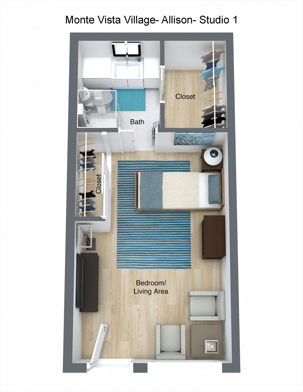 Studio apartment floor plan with labeled areas for bed, living area, kitchen, and bathroom.