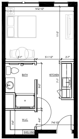 A floor plan depicting the layout of a small apartment with designated areas for the kitchen and bathroom.