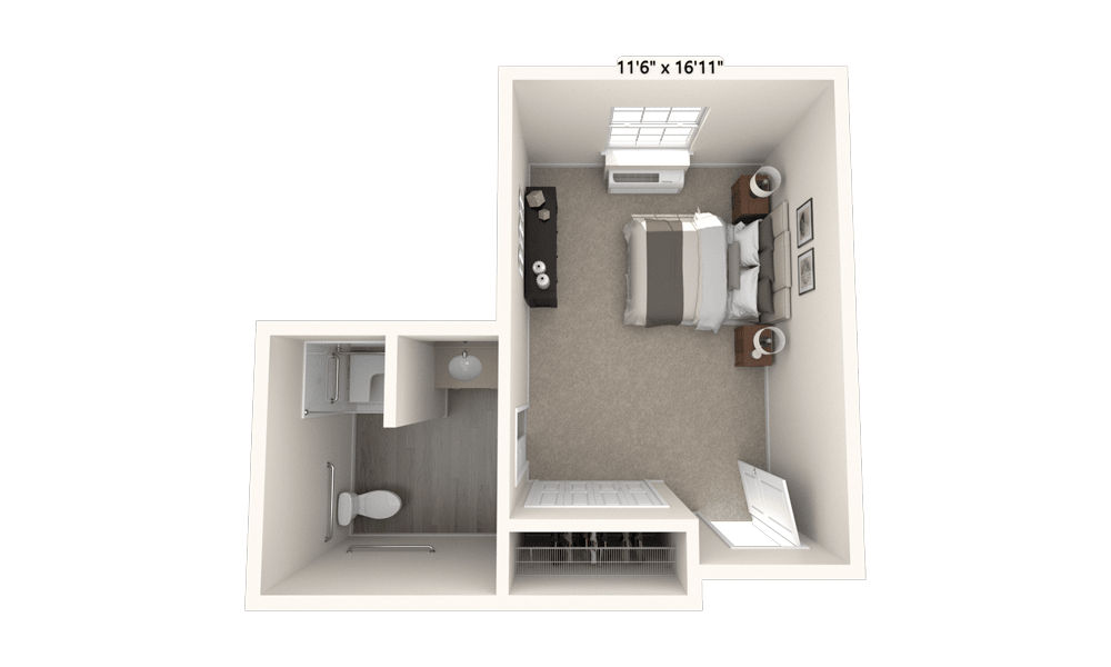 A 3D-rendered floor plan of a compact studio apartment with a bedroom and bathroom.