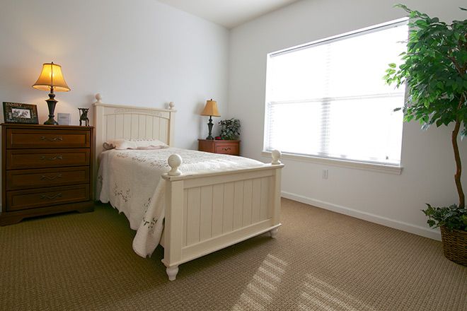 A minimalist bedroom with a single bed and large window letting in natural light.