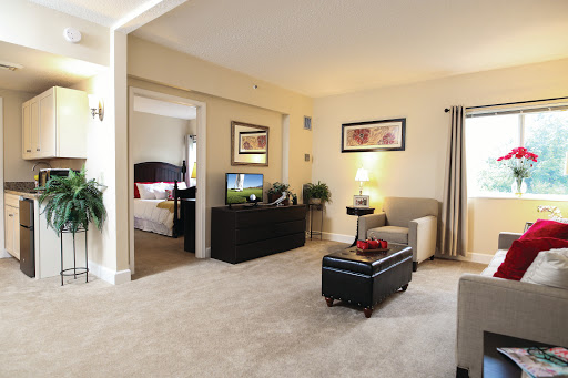A cozy living room featuring comfortable furniture, a television, and light-colored decor.