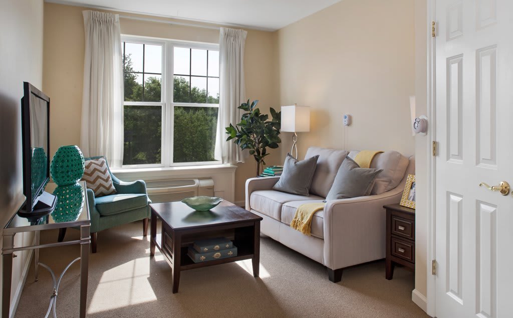 A cozy and well-lit living room with a sofa, coffee table, and large window.