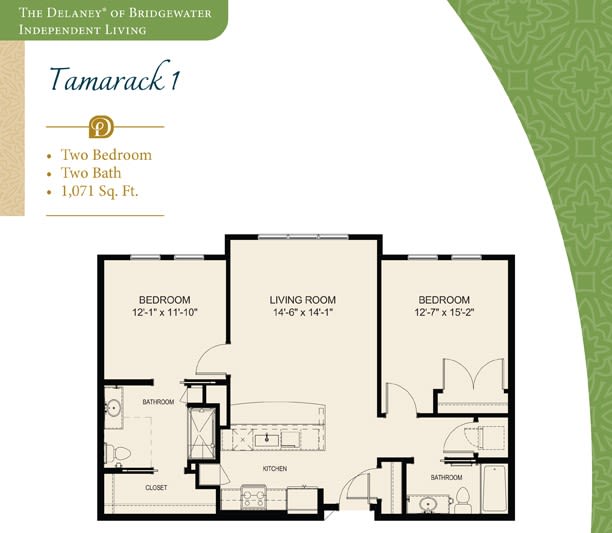 A detailed floor plan of the Tamarack I apartment, featuring two bedrooms and two baths spanning 1231 square feet.