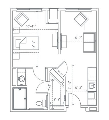 A floor plan showing the layout of a small apartment with labeled dimensions for each room.