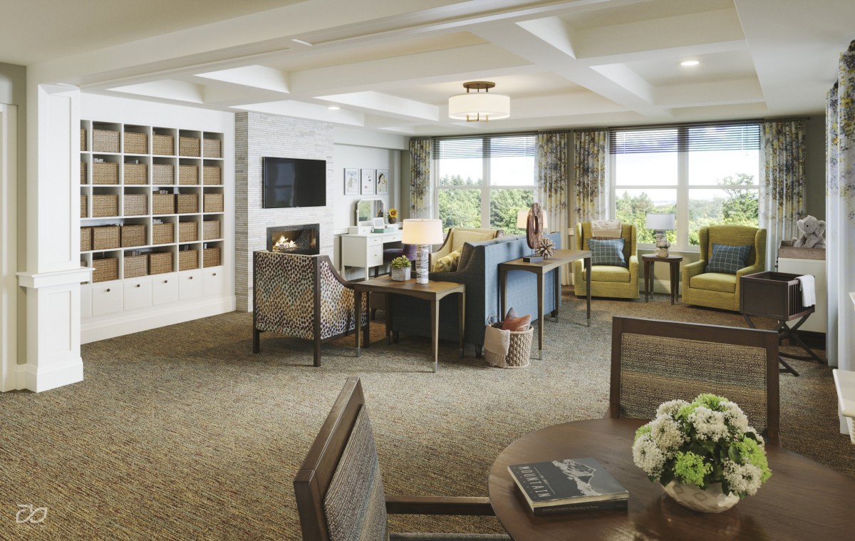 A spacious and elegantly designed living room featuring comfortable seating, a large window with a view, built-in shelves, and a modern lighting fixture.