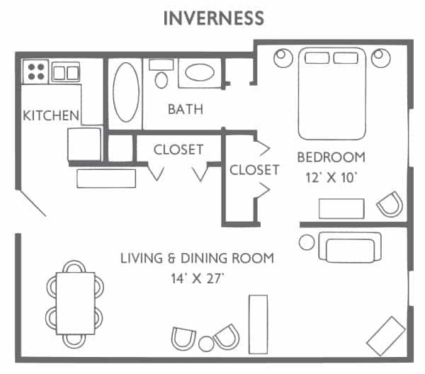 A detailed floor plan of a one-bedroom apartment labeled 'Inverness', featuring a kitchen, living and dining area, bathroom, and closets.