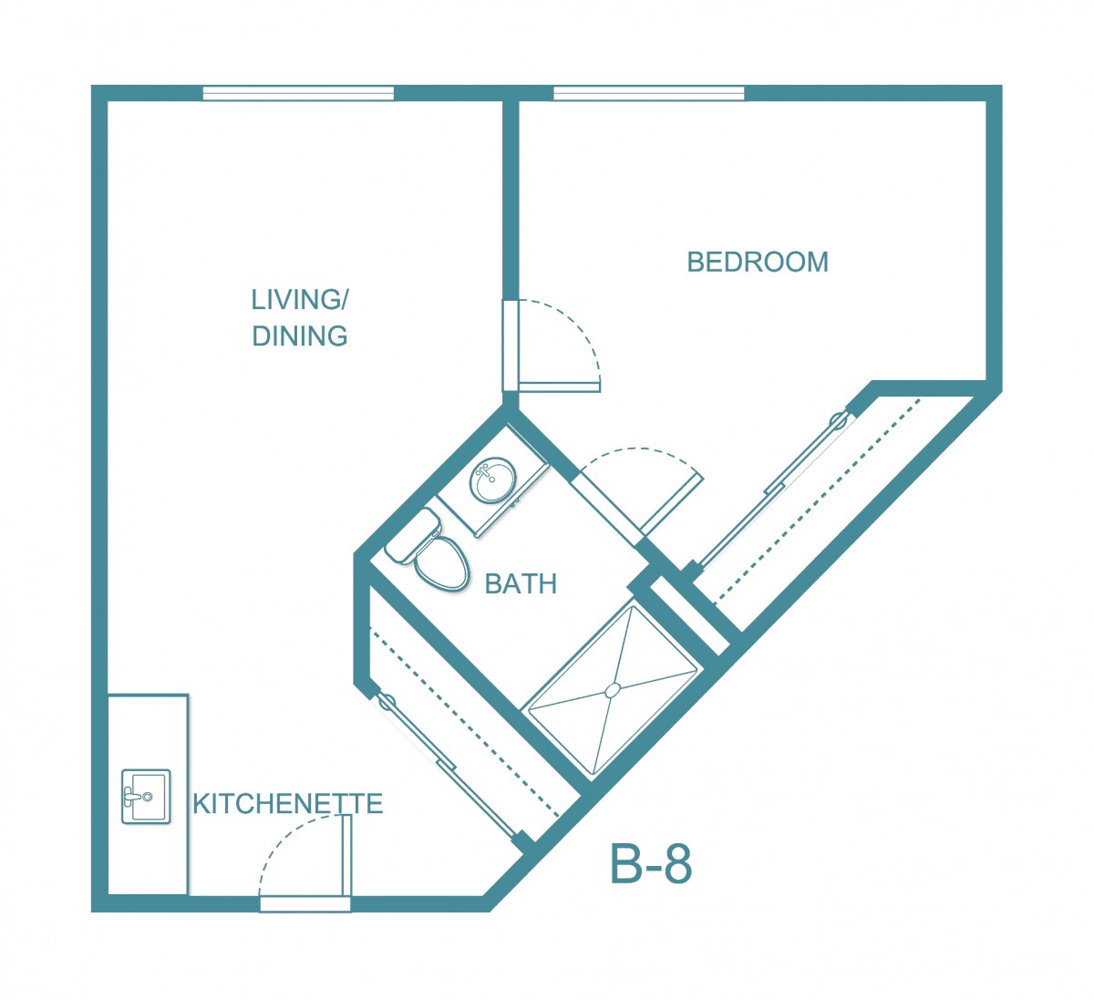 A compact one-bedroom apartment floor plan with a living/dining area, kitchenette, and bathroom.