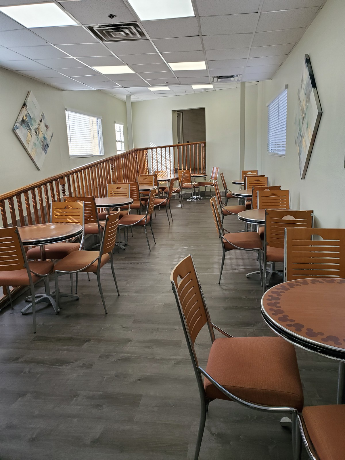 A cozy cafe interior with neatly arranged tables and chairs.