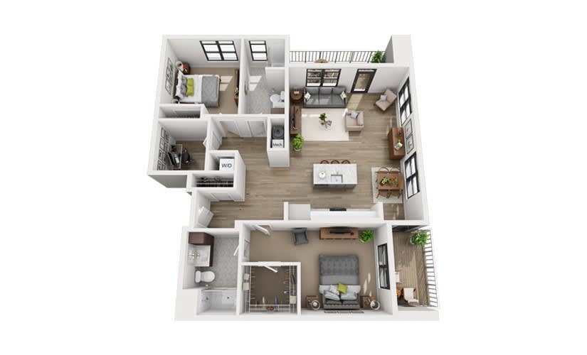 3D floor plan of a modern apartment featuring two bedrooms, an open living area, and a kitchen.