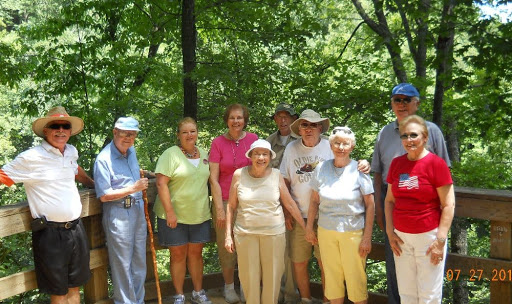 A group of senior citizens enjoying a sunny day outdoors in a lush green setting.