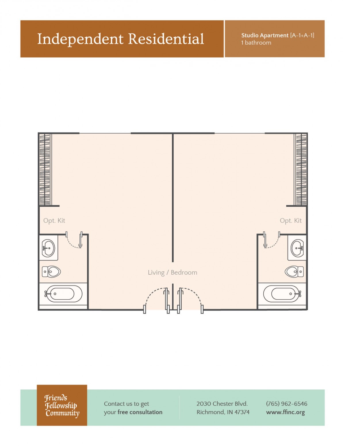 A symmetrical floor plan featuring two bedrooms, each with an attached bathroom.