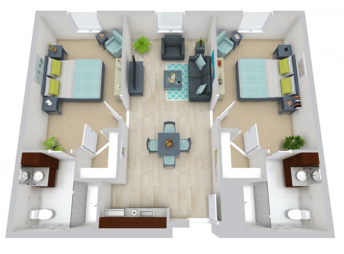 An overhead view of a two-bedroom apartment floor plan with a central living area, kitchen, and bathrooms.