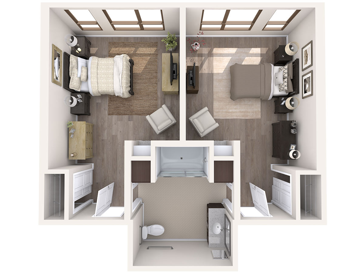 A detailed floor plan of a two-bedroom apartment showcasing furniture arrangement and interior design.