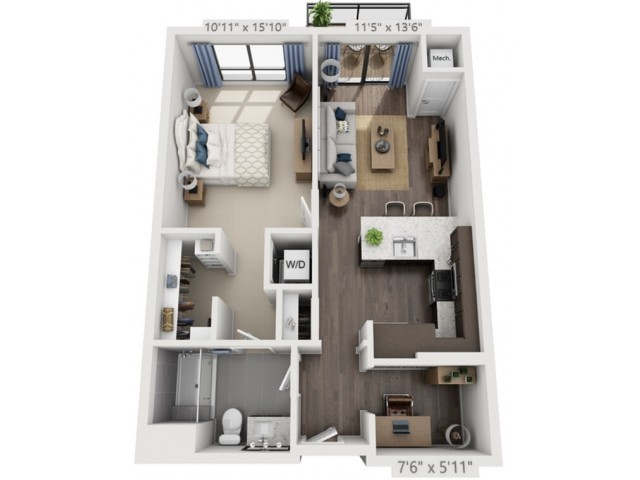 3D floor plan of a modern one-bedroom apartment.