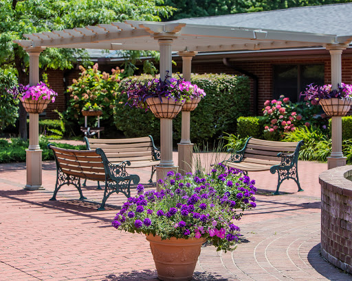 A serene outdoor courtyard adorned with vibrant flowers and inviting benches, perfect for relaxation.
