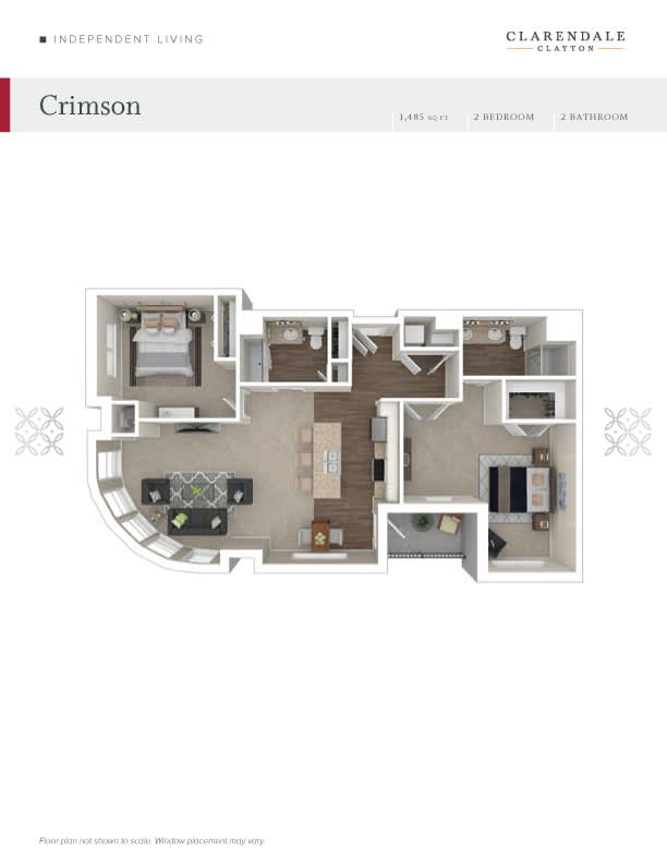 3D floor plan of a two-bedroom apartment layout.
