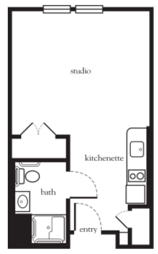 Floor plan of a studio apartment featuring a kitchenette and bathroom.