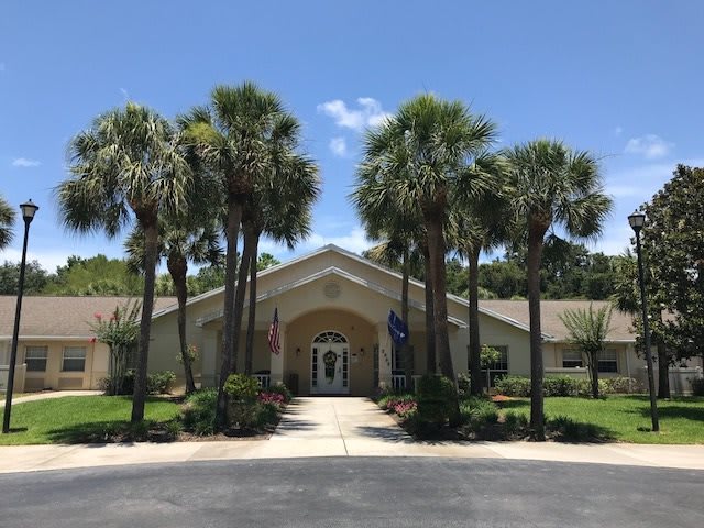 A sunny day at a building entrance framed by palm trees.