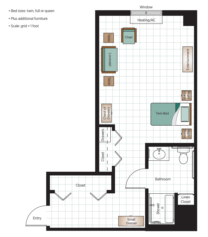 One-bedroom apartment floor plan with kitchen, living room, and bathroom.