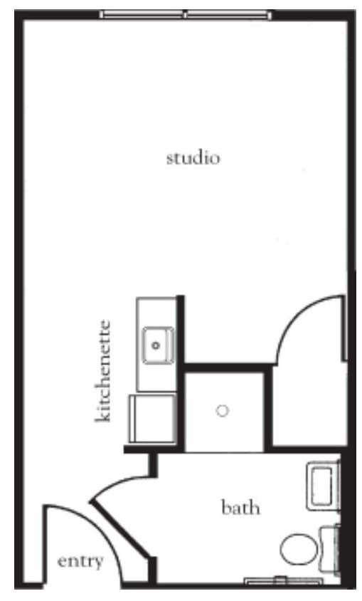 A floor plan of a studio apartment featuring a kitchenette and bathroom layout.