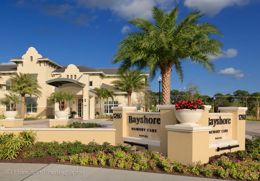 Elegant entrance with palm trees and landscaping at Bayshore community.