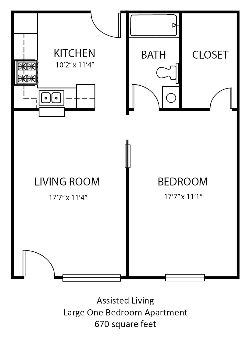 A floor plan of a one-bedroom apartment featuring a living room, kitchen, bathroom, and closet.
