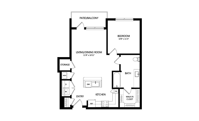 This is a floor plan of an apartment, featuring a bedroom, living room, kitchen, bathroom, and balcony.