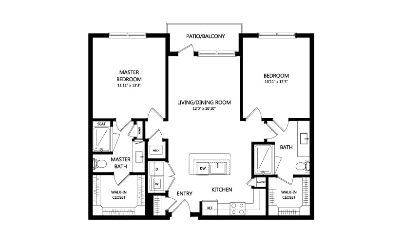 A floor plan of a two-bedroom apartment featuring a living room, kitchen, and two bathrooms.