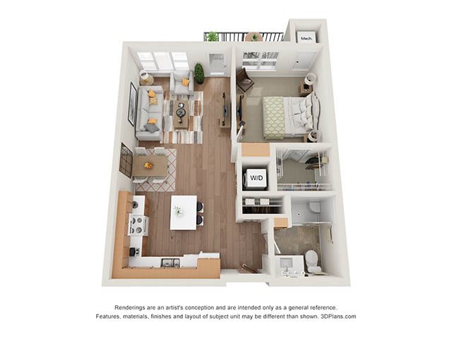 A 3D floor plan of a one-bedroom apartment showcasing the layout with a living room, kitchen, bedroom, and bathroom.