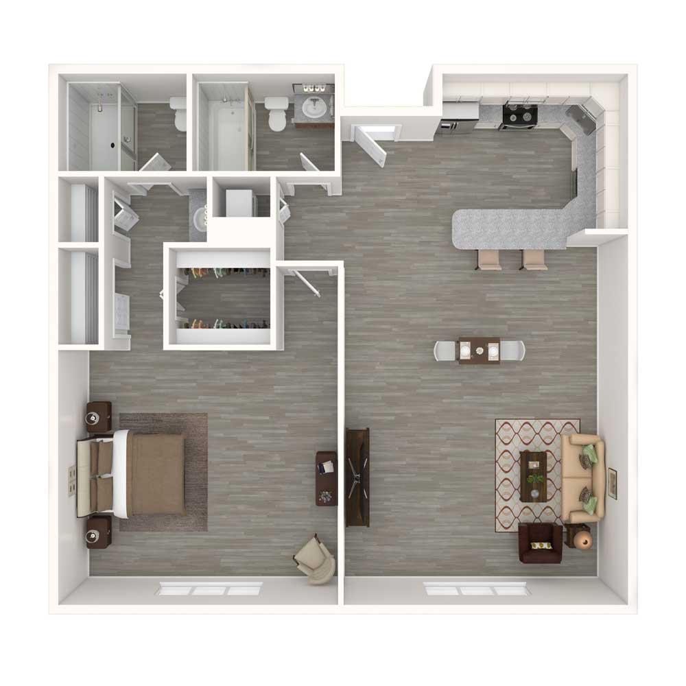 A modern one-bedroom apartment floor plan with an open living and dining area, a kitchen, and a bathroom.