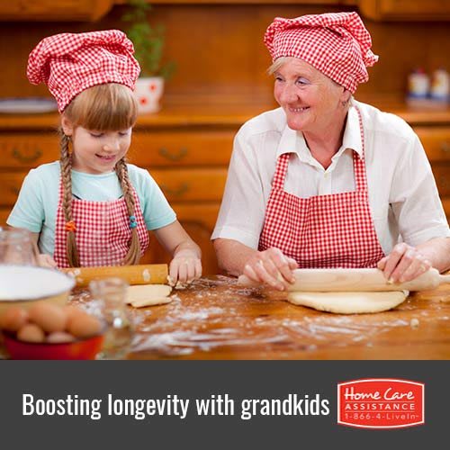 A grandparent and grandchild enjoying baking together in the kitchen.