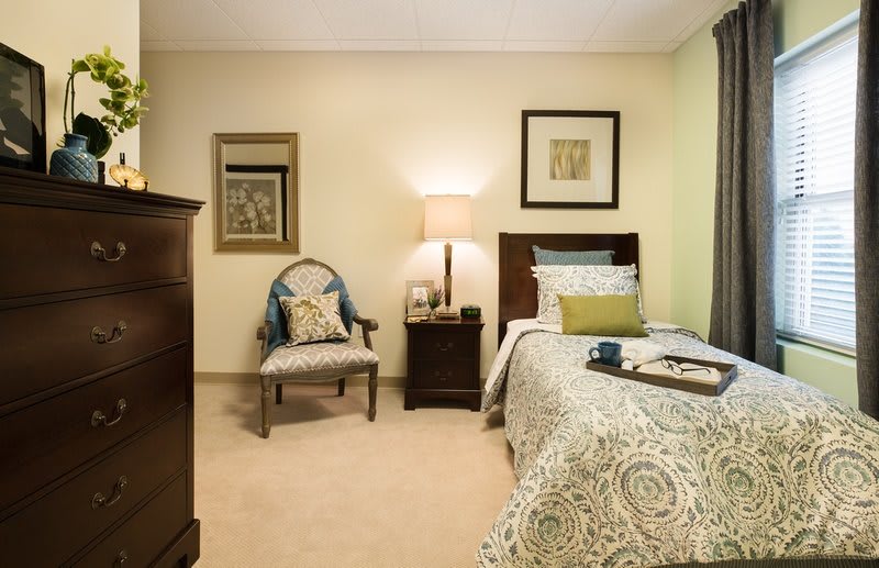 A cozy bedroom with a single bed, decorative pillows, and matching artwork.