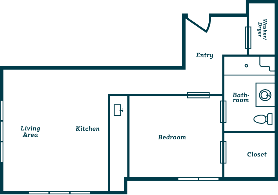 A floor plan showing the layout of an apartment with a kitchen, bedroom, and entry area.