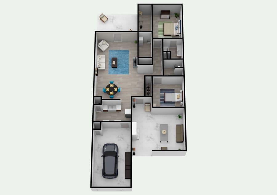 3D floor plan of a modern house with multiple rooms and a garage.