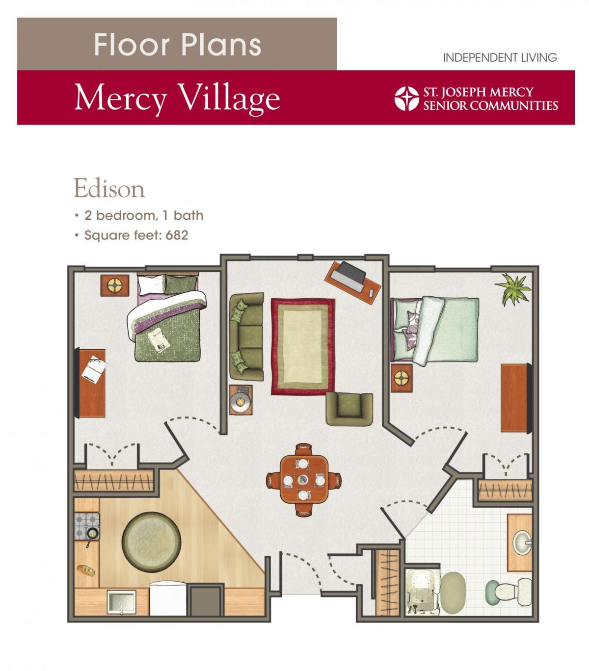 Floor plan of an Edison apartment at Mercy Village with 2 bedrooms and 1 bath covering 925 square feet.