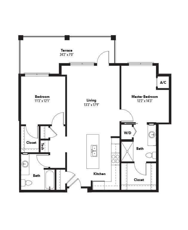 Two-bedroom apartment floor plan with living room, kitchen, and two bathrooms.