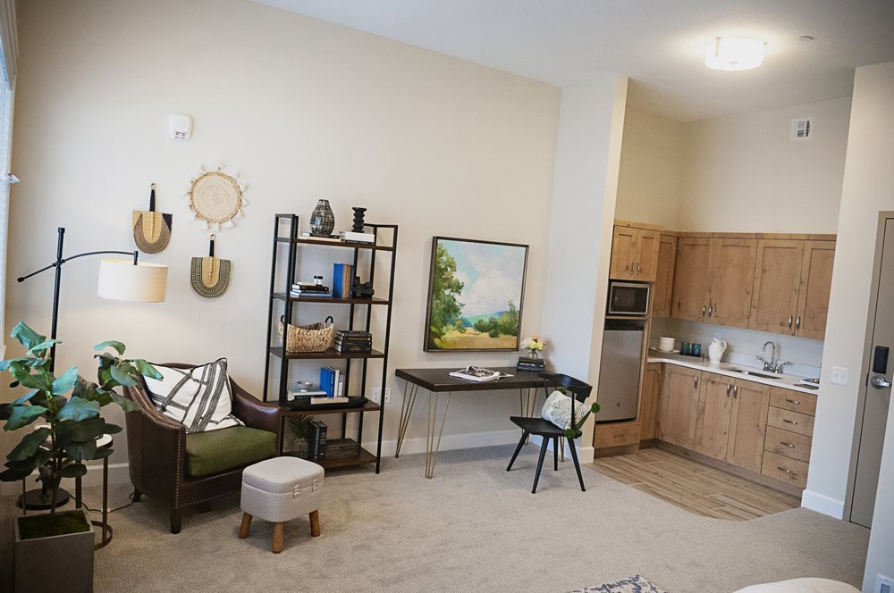 A modern apartment living space with a small kitchenette, stylish furniture, and decorative shelving.