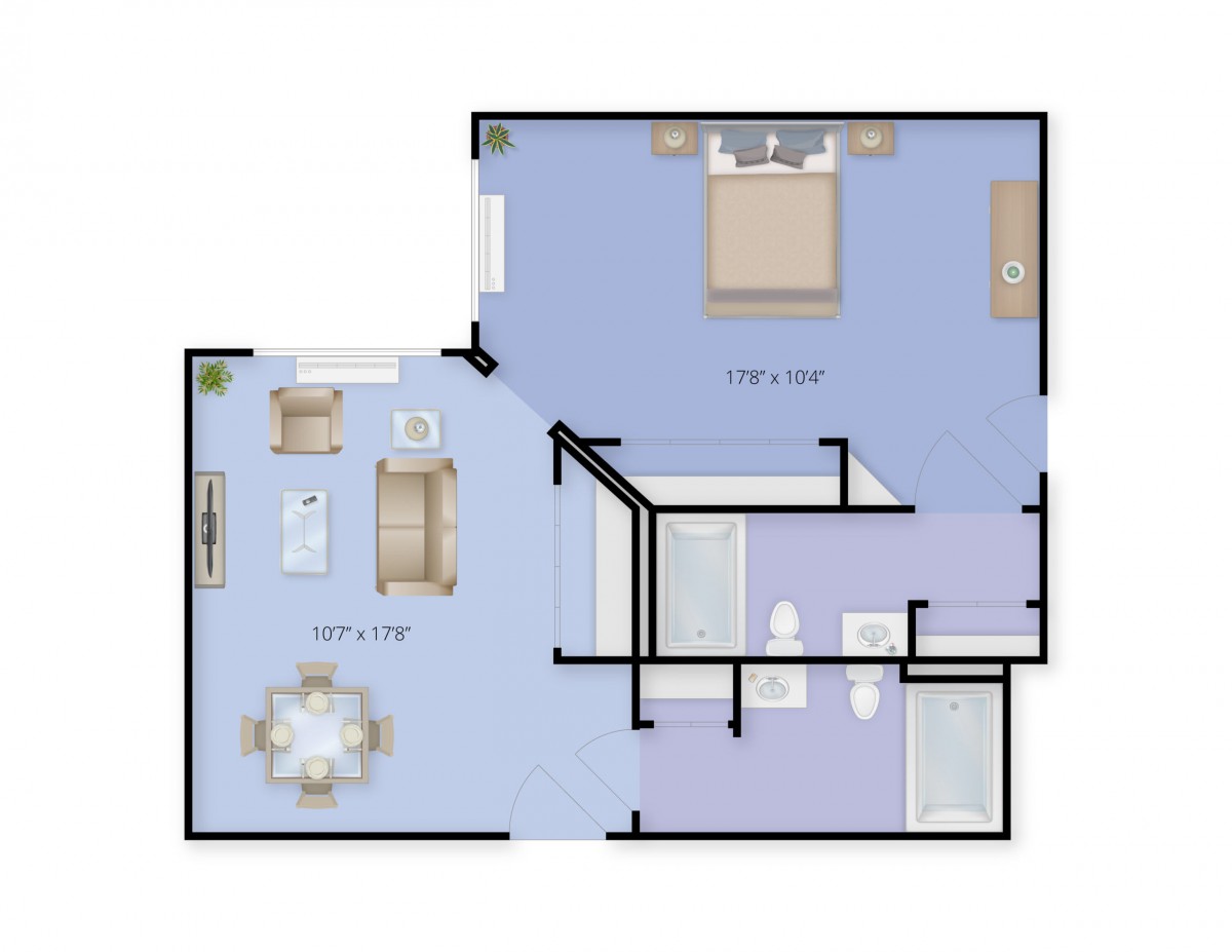 A detailed floor plan of an apartment featuring a living room, dining area, kitchen, bedroom, and bathroom.