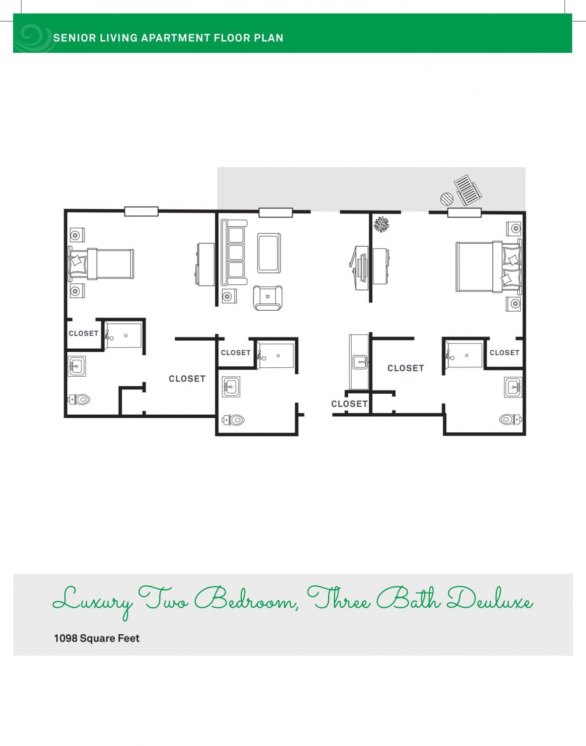 Luxury two-bedroom, three-bathroom apartment floor plan.