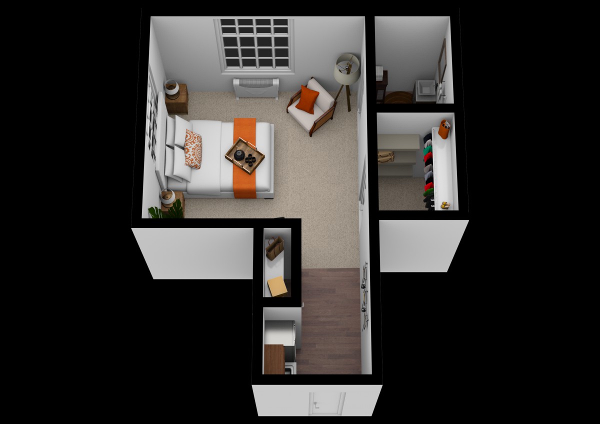 A 3D floor plan of a minimalist bedroom with a bed, armchair, and closet.