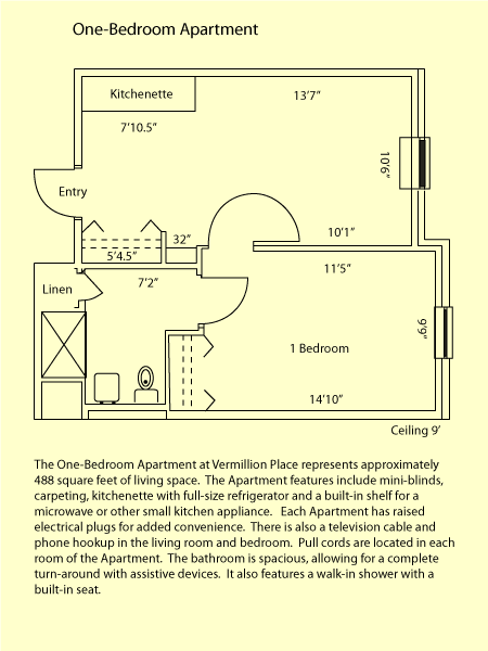 Floor plan of a one-bedroom apartment with dimensions and room labels.