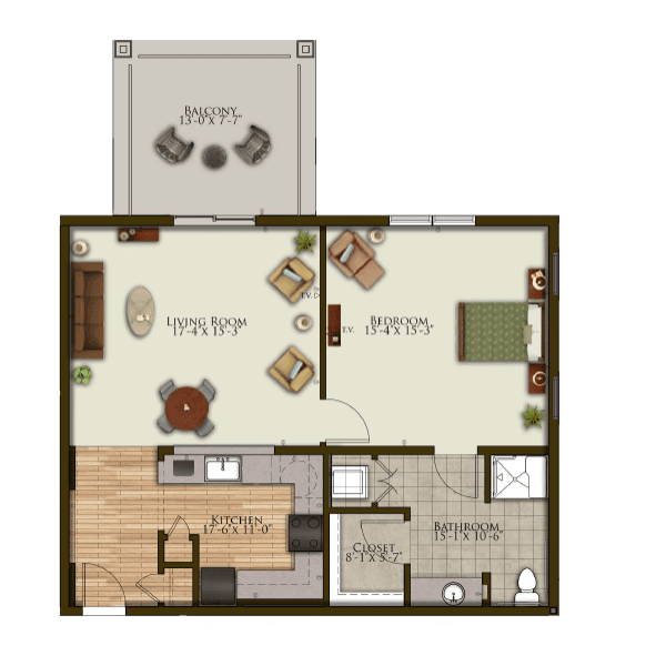 A floor plan of a one-bedroom apartment featuring a living area, kitchen, bathroom, and balcony.