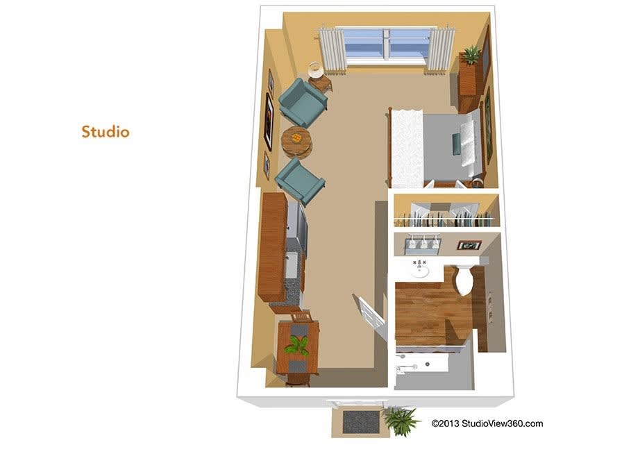 A 3D floor plan of a studio apartment showcasing furniture arrangement and interior layout.