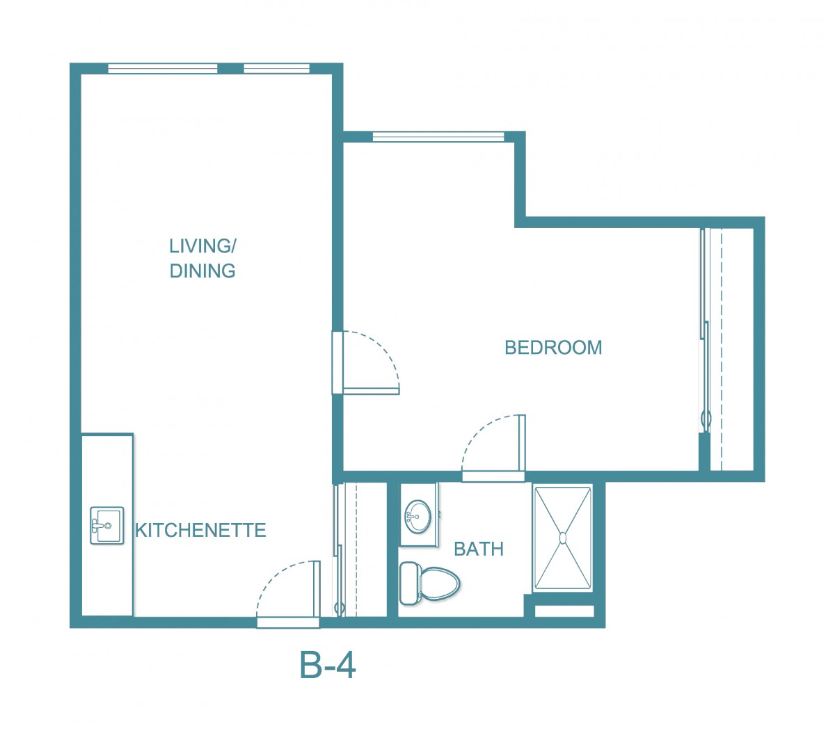 A simple floor plan of a one-bedroom apartment with living/dining area, kitchen, and bathroom.