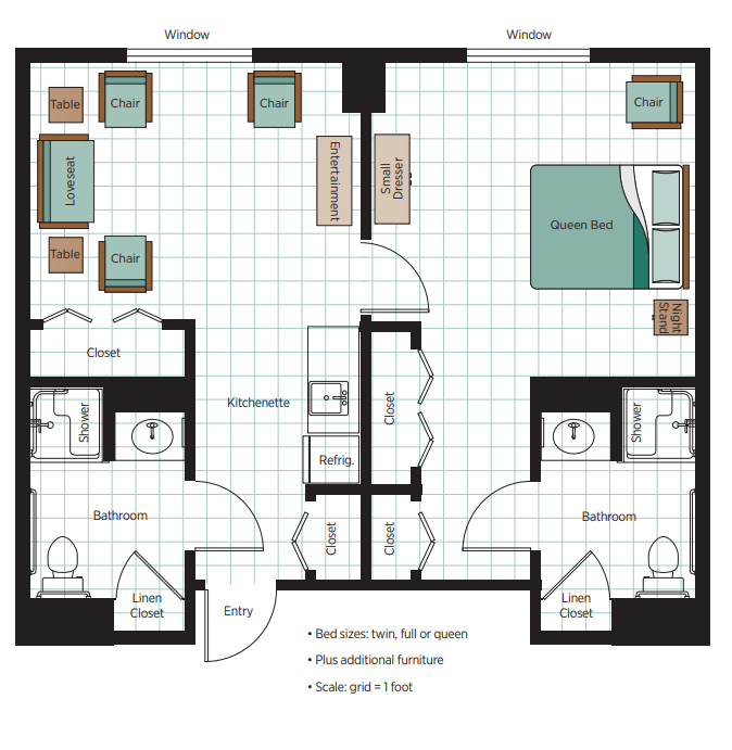 A two-bedroom apartment floor plan featuring a living room, kitchen, and two bathrooms.