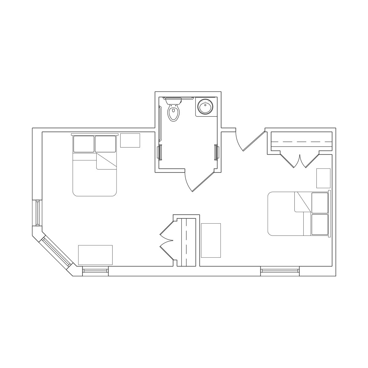 A simple floor plan of an apartment showing the layout of rooms and furniture.