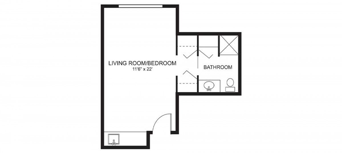 Studio apartment floor plan with a combined living room and bedroom, and a separate bathroom.